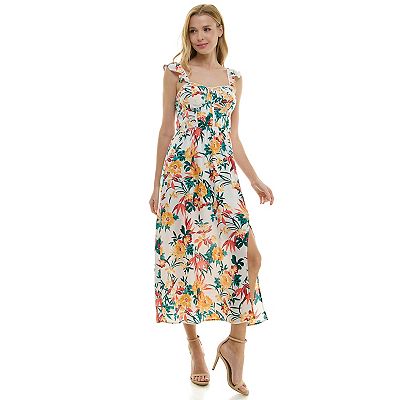 Juniors' Lily Rose Molded Cup Corset Bodice Ruffle Strap Side Slit Maxi  Dress