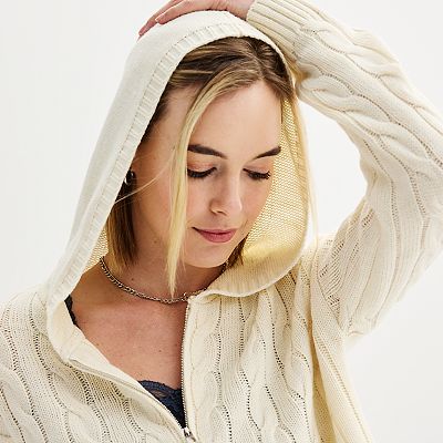 Juniors' SO® Shrunken Zip-Up Cable Hoodie