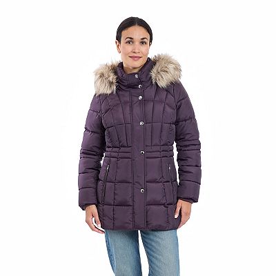 Women's London Fog Faux Fur Trim Hooded Puffer Coat