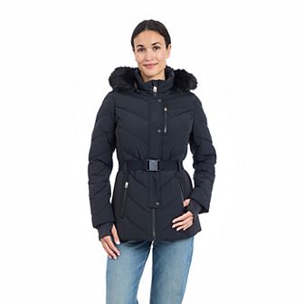 Women's London Fog Faux Fur Trim Hood Belted Puffer Coat