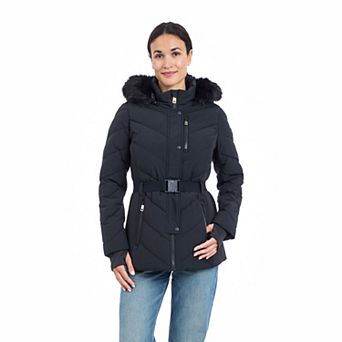 Women's London Fog Faux Fur Trim Hood Belted Puffer Coat