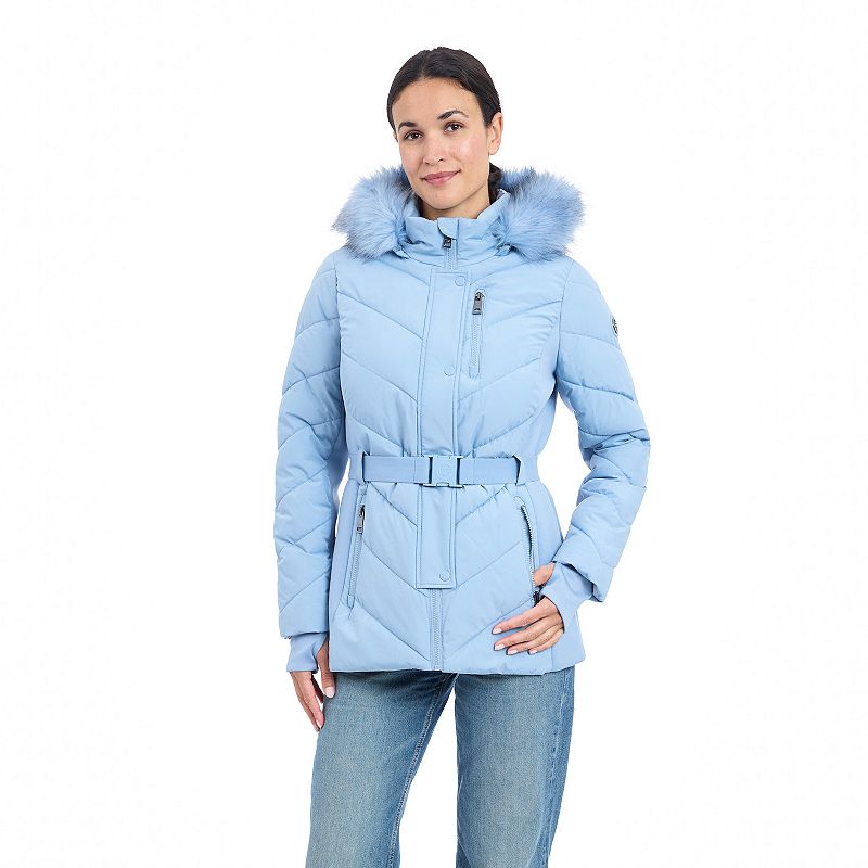 Women's London Fog Faux Fur Trim Hood Belted Puffer Coat,