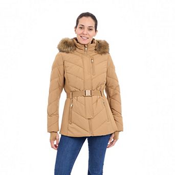 Women's London Fog Faux Fur Trim Hood Belted Puffer Coat