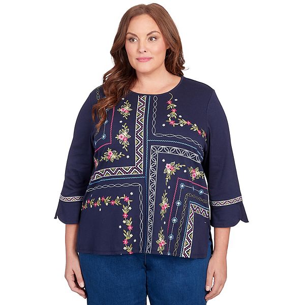 Plus Size Alfred Dunner Floral Embroidery Quad Print Long Sleeve Top