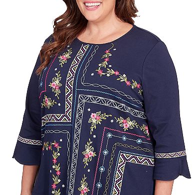Plus Size Alfred Dunner Floral Embroidery Quad Print Long Sleeve Top