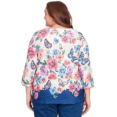 Plus Size Alfred Dunner Floral Butterfly Allover Print Border Split Neck Top