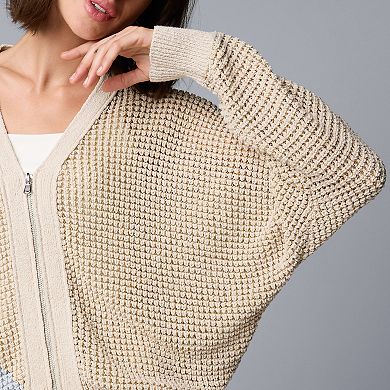 Women's Simply Vera Vera Wang Loose Waffle Knit Zip Front V-Neck Cardigan Sweater