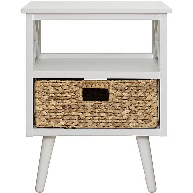 Ehemco X-side Mid-century Modern Nightstand End Table With Storage Shelf And Wicker Basket