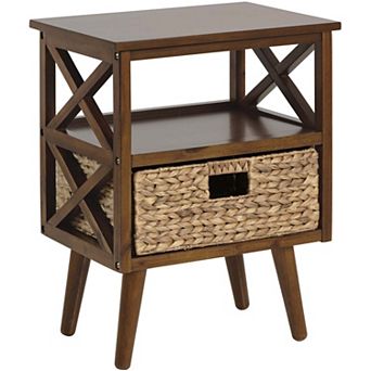 Ehemco X-side Mid-century Modern Nightstand End Table With Storage Shelf And Wicker Basket