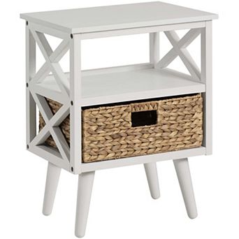 Ehemco X-side Mid-century Modern Nightstand End Table With Storage Shelf And Wicker Basket