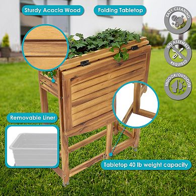 Sunnydaze Acacia Wood Folding Table with Planter Box - 30.5" H