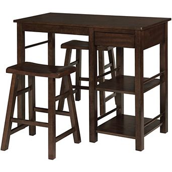 eHemco Breakfast Table with Drawer and Storage Shelves and 2 Saddle Seat Barstools, 3 pc Set