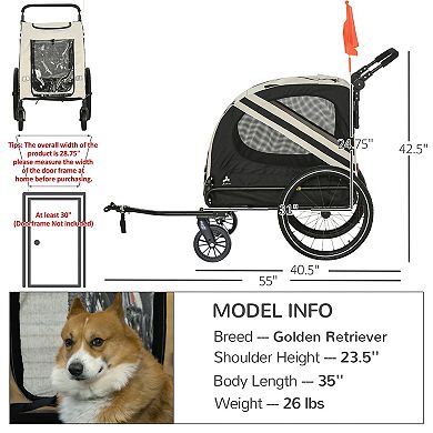 2-in-1 Dog Bike Trailer Pet Stroller With Universal Wheel Reflector Flag White