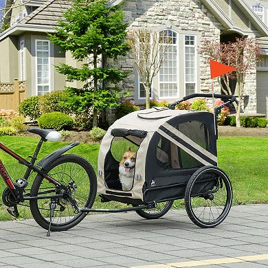 2-in-1 Dog Bike Trailer Pet Stroller With Universal Wheel Reflector Flag White