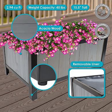 Sunnydaze Acacia Planter Box with Planter Bag - 15.5" H - Natural