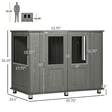 Wooden & Wire Dog Crate With Surface, Stylish Pet Kennel, Magnetic Doors, Grey