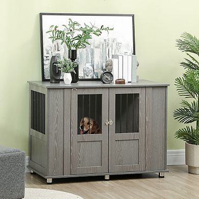 Wooden & Wire Dog Crate With Surface, Stylish Pet Kennel, Magnetic Doors, Grey