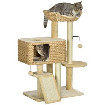 Cat Tree For Indoor Cats W/ Scratching Posts, Condo Cat Tower, Beige