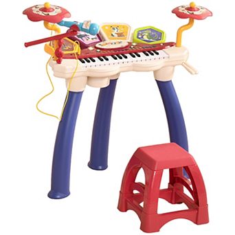 2 in 1 Kids Piano Keyboard Drum Set With Sounds, Lights, Microphone, Stool