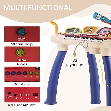2 In 1 Kids Piano Keyboard Drum Set With Sounds, Lights, Microphone, Stool