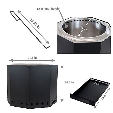 Sunnydaze 21.5 in Octagon Steel Smokeless Fire Pit with Log Poker