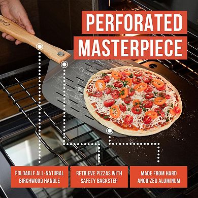 Chef Pomodoro Perforated Aluminum Metal Pizza Peel With Foldable Wood Handle (12 Inch)