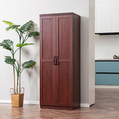 63" Rustic 2-door Kitchen Freestanding Storage Cabinet Pantry Shelves, Brown