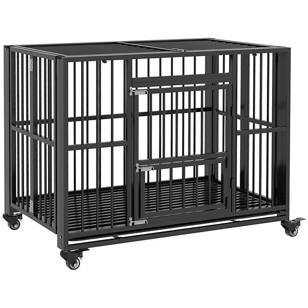 43 Heavy Duty Dog Crate Foldable W 4 Lockable Wheels Openable Top Black