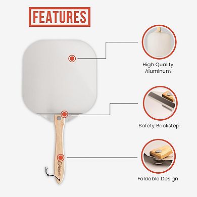 Chef Pomodoro Aluminum Metal Pizza Peel With Foldable Wood Handle For Easy Storage (16 X 14 Inch)