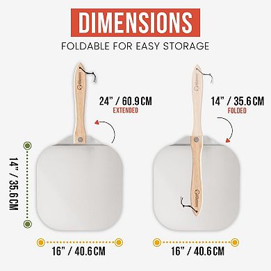 Chef Pomodoro Aluminum Metal Pizza Peel With Foldable Wood Handle For Easy Storage (16 X 14 Inch)