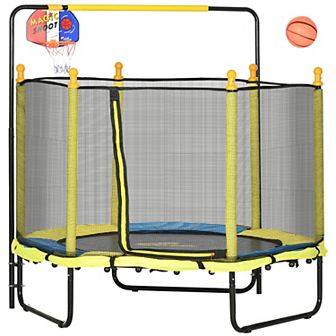 Qaba Kids Trampoline With Net Horizontal Bar Basketball Hoop Indoor, Yellow