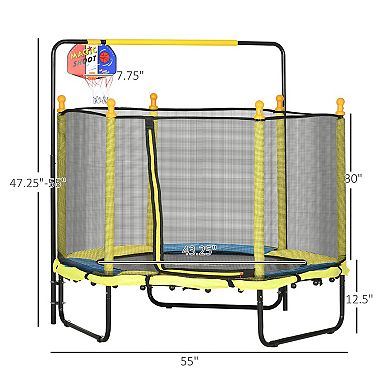 Qaba Kids Trampoline With Net Horizontal Bar Basketball Hoop Indoor, Yellow