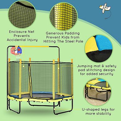 Qaba Kids Trampoline With Net Horizontal Bar Basketball Hoop Indoor, Yellow