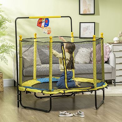 Qaba Kids Trampoline With Net Horizontal Bar Basketball Hoop Indoor, Yellow