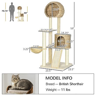 59 Inch Cat Tree For Indoor Cats With Cat Condo, Hammock, Beige