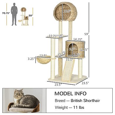 59 Inch Cat Tree For Indoor Cats With Cat Condo, Hammock, Beige