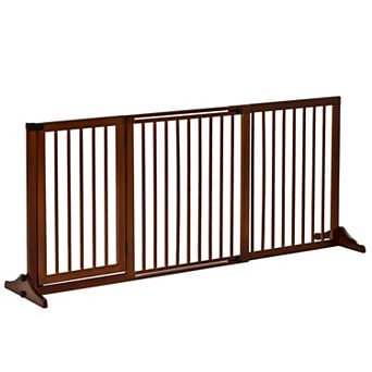 Adjustable Wooden Pet Gate, Freestanding Dog Fence Lockable Doorway, Hall, Brown