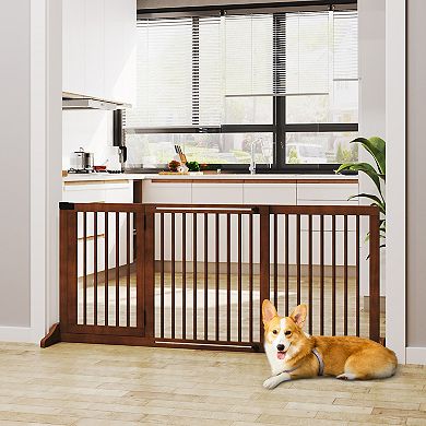 Adjustable Wooden Pet Gate, Freestanding Dog Fence Lockable Doorway, Hall, Brown