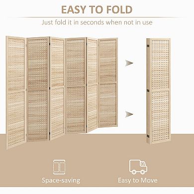 Homcom 6 Panel Room Divider W/ Hole Hooks Folding Privacy Screens, Natural