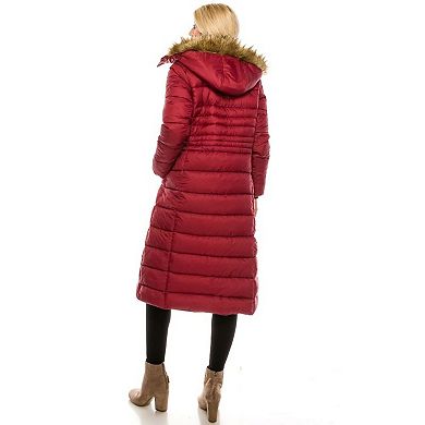 Haute Edition Women's Maxi Length Quilted Puffer With Fur Lined Hood