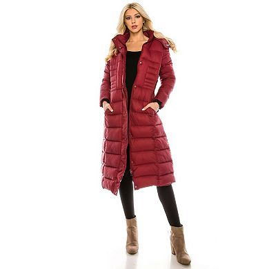 Haute Edition Women's Maxi Length Quilted Puffer With Fur Lined Hood