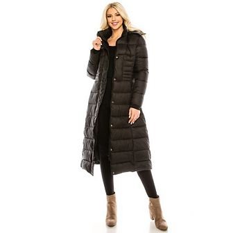 Haute Edition Women's Maxi Length Quilted Puffer With Fur Lined Hood