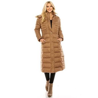 Haute Edition Women's Maxi Length Quilted Puffer With Fur Lined Hood