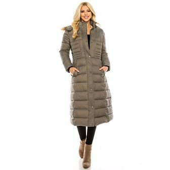 Haute Edition Women's Maxi Length Quilted Puffer With Fur Lined Hood