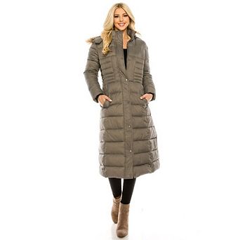 Haute Edition Women's Maxi Length Quilted Puffer With Fur Lined Hood