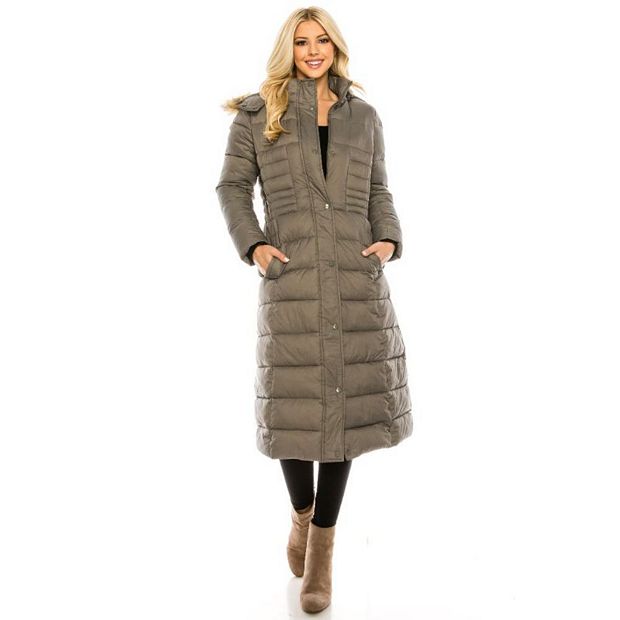 Haute Edition Women's Maxi Length Quilted Puffer With Fur