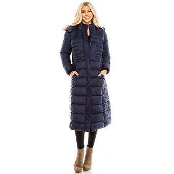 Haute Edition Women's Maxi Length Quilted Puffer With Fur Lined Hood