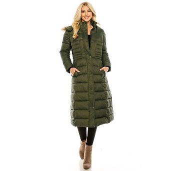 Haute Edition Women's Maxi Length Quilted Puffer With Fur Lined Hood
