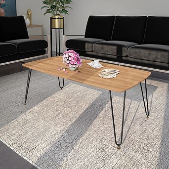 LeisureMod Elmwood Modern Wood Top Coffee Table With Iron Base