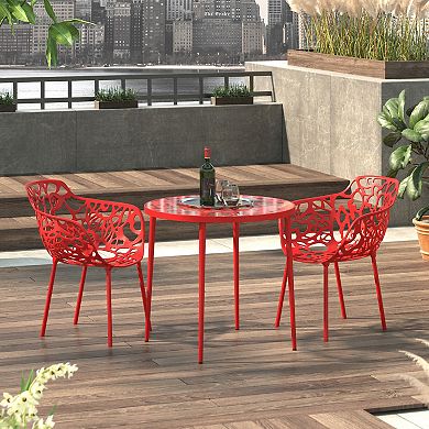 LeisureMod Devon Tree Design Glass Top Aluminum Base Indoor Outdoor Bistro Dining Table